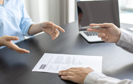 Employer or HR department welcomes new employees, Shaking hands with congratulations or achieving business and income success, Hand shake concept.の写真素材