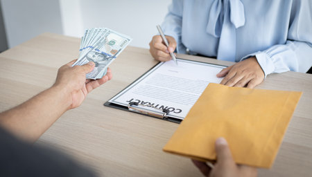 Businessmen give money dollar bribe employees sign consent documents for illegal loans, Bad plan, corruption concept.の写真素材