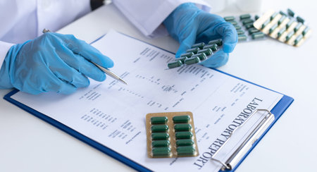 Closeup portrait, Scientists in white lab coats are analyzing the vital substance of the sample drug...