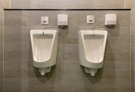 Men's white urinals design, Close up row of outdoor urinals men public toilet, Expulsion from the body, Urinals for men, Urinal concept.の写真素材