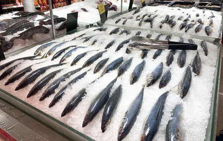 Tesco Lotus,THAILAND- February 3, 2021 : variety of fresh meat/ Fresh fish and seafood are arranged in proportion and orderly on the loot, Fresh food products in famous department stores.のeditorial素材