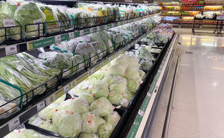 BIG C,THAILAND- February 4, 2021 : Wide variety of fresh vegetables and fruits are arranged neatly...