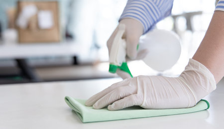 Close up Staff hand Restaurant workers are cleaning table and spraying disinfectants during the...