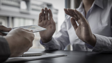 Businessmen refuse to accept money bribery or fraud or cheat, Combating Illegal Receiving of Money and Social Injustice, Anti bribery and corruption concept.の写真素材