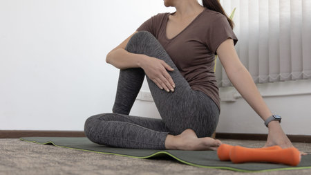 Slim fit Asian woman  Internet coach yoga and meditation coaching videos make them feel relaxed,...