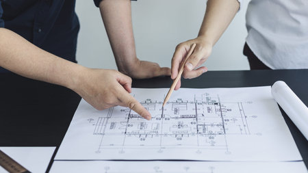 Meeting of engineers and architects in building planning, Consulting and brainstorming experts in...