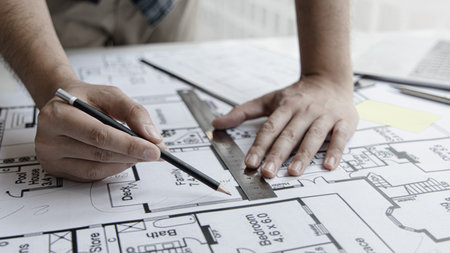 Architectural building design and construction plans with blueprints, Young man was designing a...