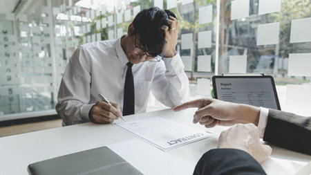 Man is signing a contract with the company, Supervisor orders the employee to sign the resignation document, End of the employment contract or termination of employment.の写真素材