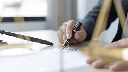 Lawyers or judges sign documents in accordance with legal and fair terms of agreement, Legal Ethics...