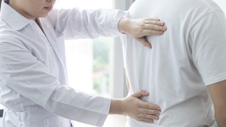 Physical therapy, Female physiotherapist treats back pain for a male patient attending a...