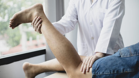 Physical therapy, Female physiotherapist treats legs and hips pain for a male patient attending in...