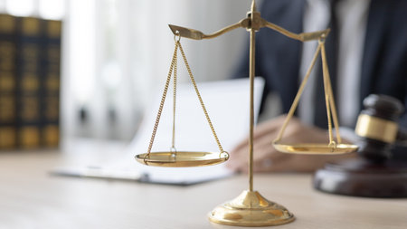 Lawyers or judges sign documents in accordance with legal and fair terms of agreement, Legal Ethics and Integrity, scales of justice, law hammer, Litigation and legal services.の写真素材