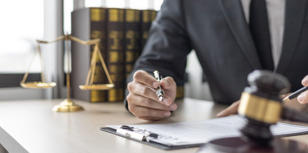 Lawyer or judge has recommend a client sign a legal agreement in the courtroom, Legal Agreement...