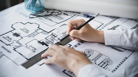 Engineer and Architect concept, Man uses a ruler to measure the floor plan on the blueprint,...