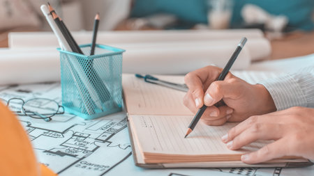 Architectural building design and construction plans with blueprints, young man is taking notes and...