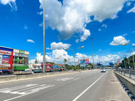 Chiangmai, Thailand - September 8, 2021 ,Public road traffic, Traffic on the highways or super highways in the capital, Cars, Pickup trucks, Vans, Motorbikes, Tour buses, Trucks, Taxis, Bicycles.のeditorial素材
