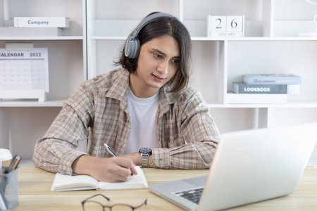 Asian man taking notes in notebook while studying online in laptop at home, Video chat, Online...