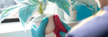 Young Asian male employee uses a towel moistened with alcohol to clean household accessories or decorative items, Prevention of accumulated pathogens, Plant pot,Virus outbreak situation.の写真素材