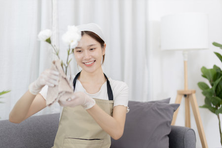 Beautiful housewife is cleaning things and vases in the living room, Big cleaning, Housework, Daily routine ,Removes germs and dirt and deep stains, Spray alcohol, Clean up on weekends.の写真素材