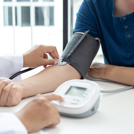 Female doctors use blood pressure monitors and stethoscope to measure pulse Diagnose the patient's...