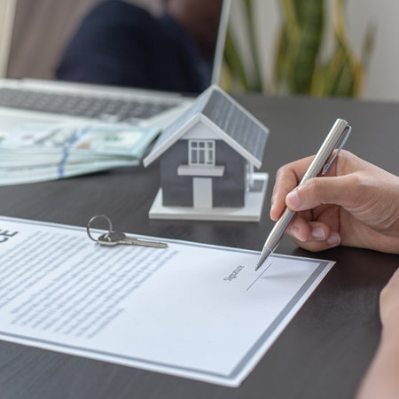 Real estate agent or sales manager has proposed terms and conditions to customers who sign house purchase agreements with insurance, Agreement to sign the purchase contract concept.の写真素材