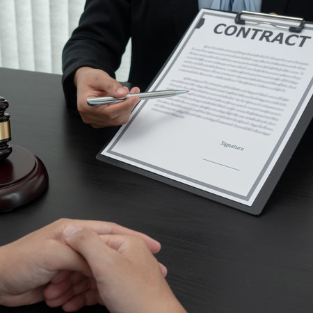 Lawyer or counselor works in the courtroom and negotiates with clients or complainants seeking justice on land encroachment, Law that validity and justice concept.の写真素材