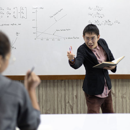 Math or physical teacher is working on teaching high school students in the classroom, opening of the new semester of students, Student education, Happy teaching concept.の写真素材