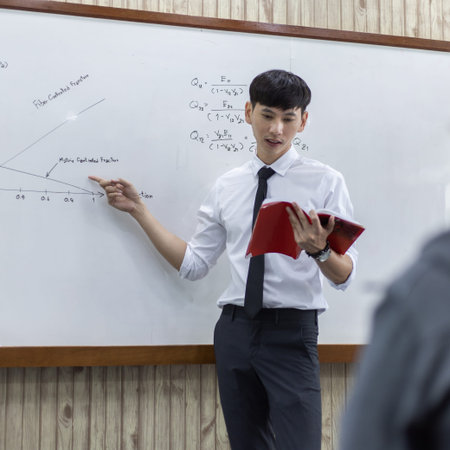 Math or physical teacher is working on teaching high school students in the classroom, opening of...