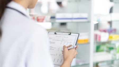 Pharmacist working in a pharmacy, Consultation and medical advice, All kinds of generic household drugs and pharmaceutical products on the shelf, Service and assistance to patients, Pharmacy.の写真素材