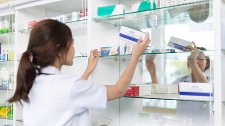Pharmacist picks up pills on shelf from doctor's prescription, All kinds of generic household drugs and pharmaceutical products on the shelf , Administering medications as prescribed by the doctor.の写真素材