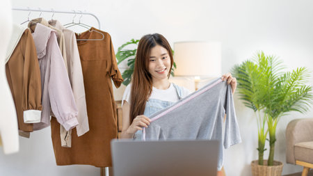 Beautiful woman with social media influences performing live or recording shows selling cheap fashion clothes in her studio, Recording vlog video live streaming, Online fashion clothing business.の写真素材
