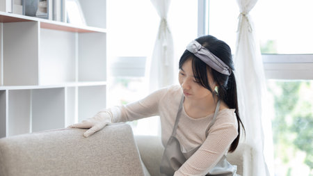 Young housewife tidying the sofa and cleaning in the living room, Big cleaning in the house, Removes germs and dirt and deep stains, Housewife cleaning, Keeping her home clean, Domestic hygiene.の写真素材