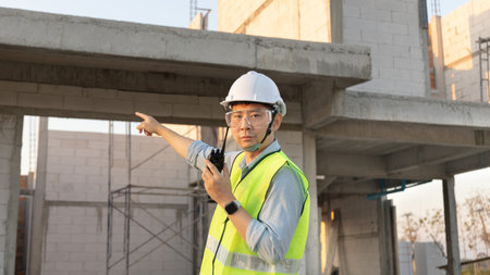 Skilled engineer inspects factory construction and uses a radio to chat with colleagues working on...