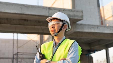Skilled engineer inspects factory construction and uses a radio to chat with colleagues working on the field, Engineer working outdoors with blueprints and wearing protective safety gear.の写真素材