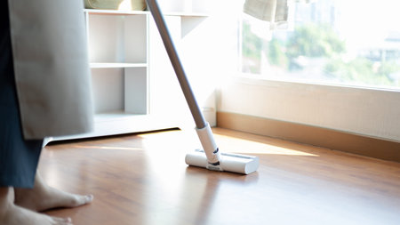 Woman vacuuming the floor of her living room, Big cleaning in the house, Removes germs and dirt and...