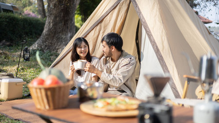 Young couple camping weekend in the woods near river, Enjoying Camping Holiday In Countryside, Leisure activities, Dating and relaxation in nature, Couple dripping coffee and sipping coffee.の写真素材