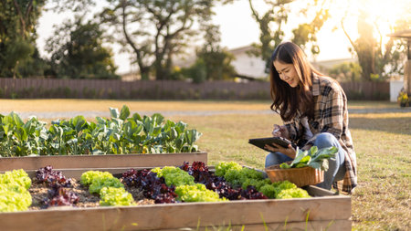 Young owner of a small organic vegetable garden business uses a tablet to control and direct the...