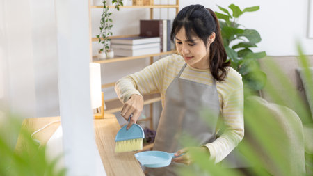 Housewife is cleaning things and Storage cabinet or showcase in the living room, Big cleaning, Housework, Daily routine ,Removes germs and dirt and deep stains, Clean up on weekends.の写真素材