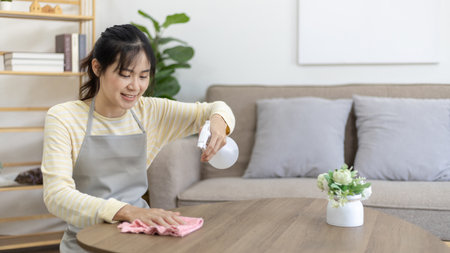 Housewife is cleaning things or Wipe down and dining table in the house the living room, Big cleaning, Housework, Daily routine ,Removes germs and dirt and deep stains, Spray alcohol, Clean up.の写真素材