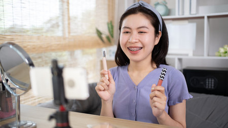 Beautiful women with social media influences recommend products and make-up accessories to be more beautiful, Recording vlog video live streaming, Online business of beauty bloggers.の写真素材
