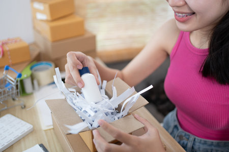 Woman packing items into a post box to prepare for delivery to a customer, Working at home and...