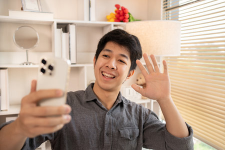 Young Asian man greets his friends and colleague in a live video with a smile on his face, Online communication , Vdo call via phone, Social distancing, Internet learning.の写真素材