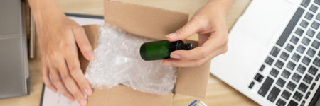 Packing box, Top view of products being packed into postal boxes for delivery to customers, Sell products online, Freelance working.の写真素材