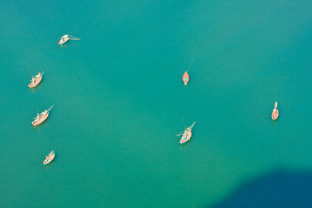 Gulf  Bird eye view and The Fishing Thai Boats, The Beauiful Sea scape, Thailandの写真素材