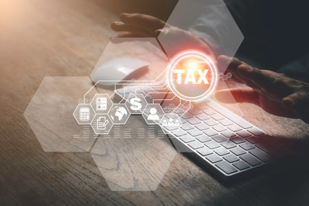 Business people are touching the virtual screen to pay taxes, management ideas, digital changes, Internet of Things, and fixed tax payment.の写真素材