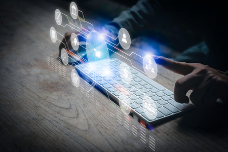 Business people are touching the virtual screen to pay taxes, management ideas, digital changes, Internet of Things, and fixed tax payment.の写真素材