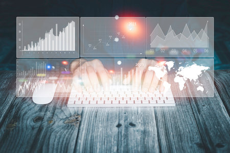 Businessman touching a virtual screen Online business information, technology, business, finance and investment concept 2023, stock market investment and digital assets, business finance background.の写真素材