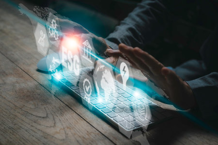 Person touching virtual screen, Sustainable organization development concept, Environmental, social and stewardship development, Digital transformation management concept, internet of things.の写真素材