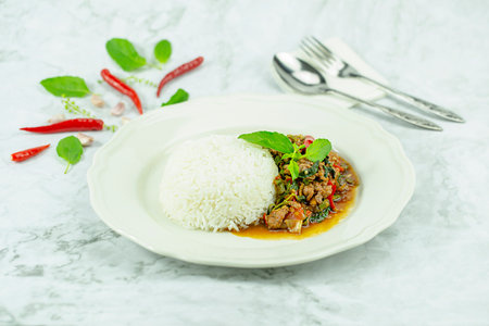 Thai food basil rice with minced pork ,Thai population Street foodの写真素材
