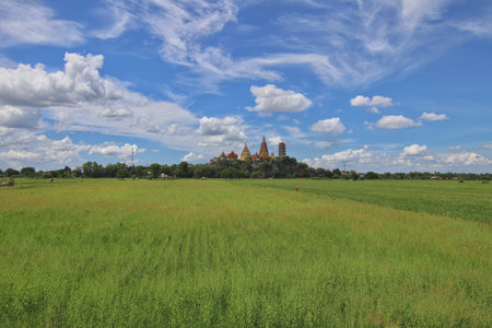 Rice field with Wat Tham Sua Temple (Tiger Cave Temple), Kanchanaburi Province, Thailandの写真素材